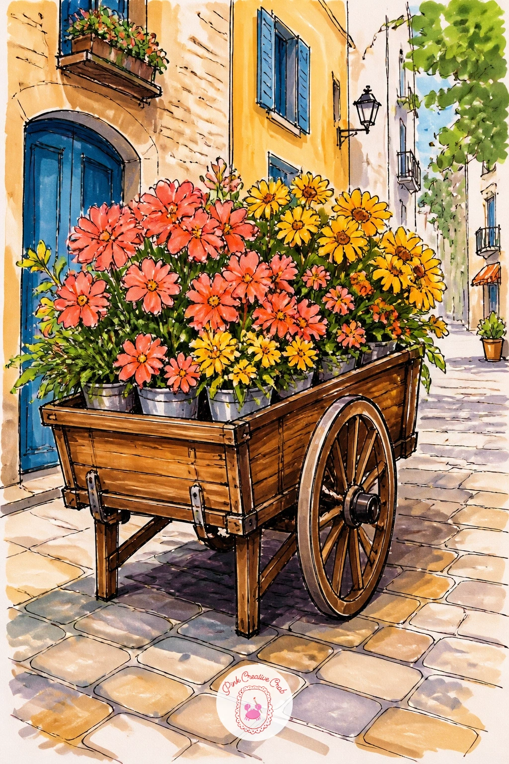 Flower Cart on a Cobbled Street — A flower cart gives you a more compact subject than a full shopfront, which makes it a relaxed one to draw after the first