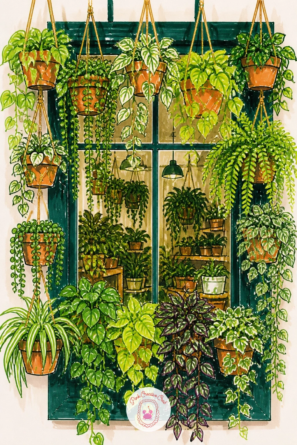 Shop Window Full of Hanging Plants — Shift your focus upward for this one: a shop window framed by rows of plants hanging in pots from the top of the frame.