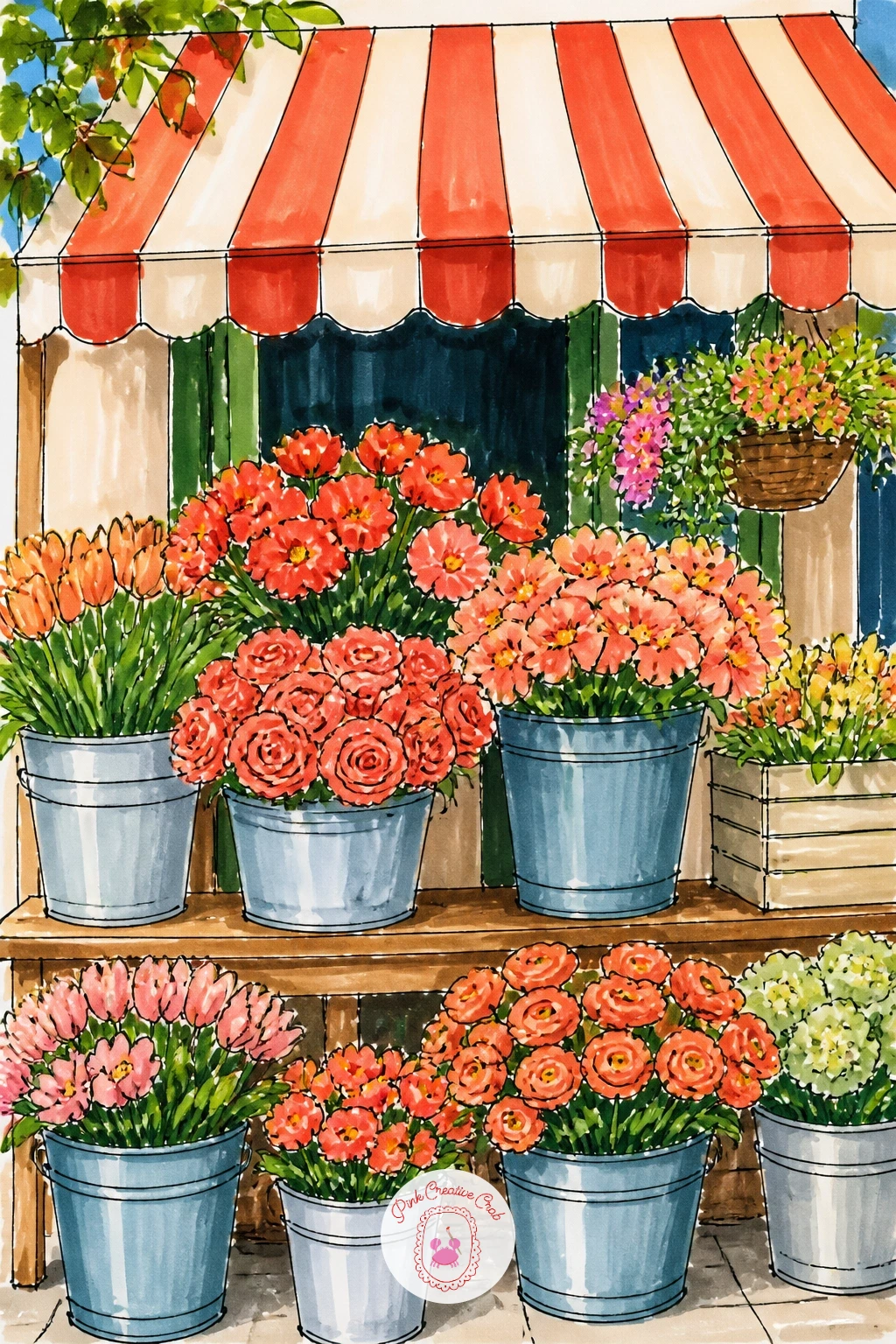 Flower Stall Under a Striped Awning — Bring in some pattern now with a market stall sheltered under a striped awning, buckets of blooms arranged across a