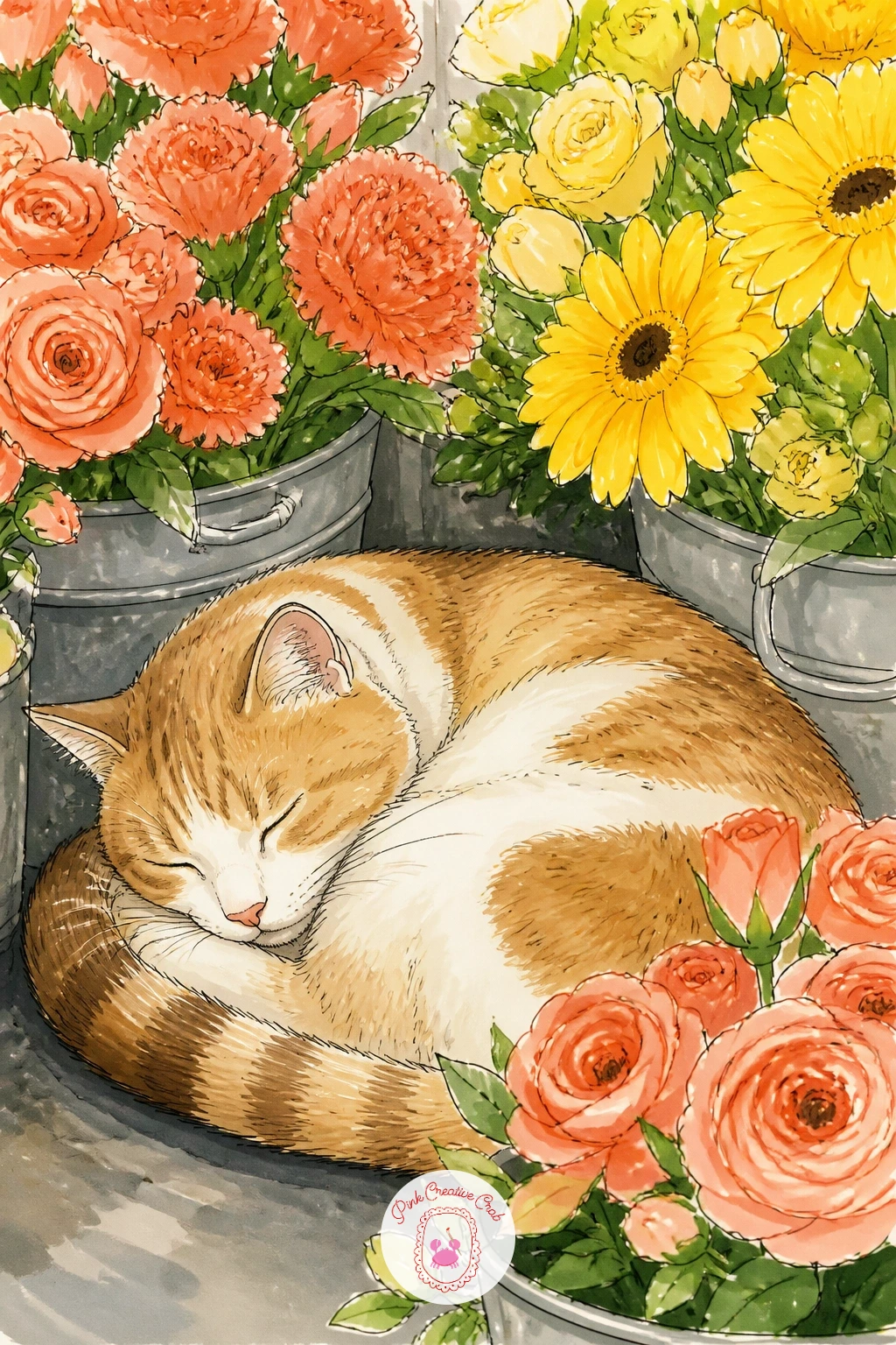 Cat Asleep Among Flower Buckets — Give the shop a resident for this drawing: a cat curled up asleep right among the buckets of flowers, as if it has claimed