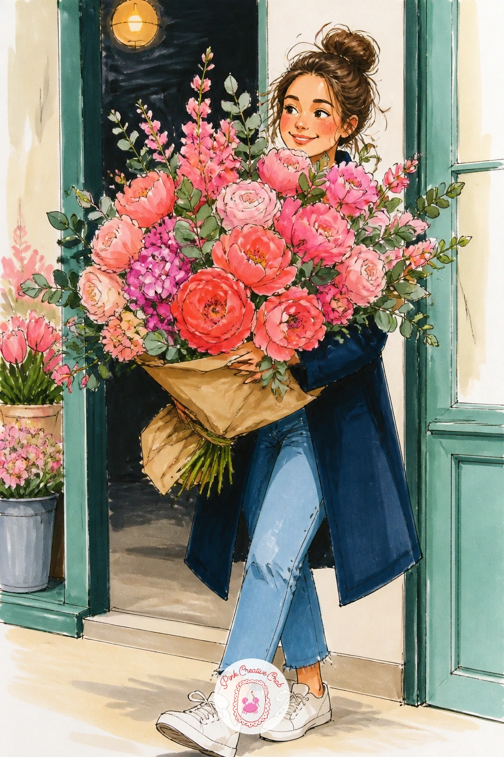 Girl Carrying a Huge Bouquet Out of the Shop — Add a human moment now: a girl walking out of the shop almost hidden behind a bouquet far bigger than she needs.