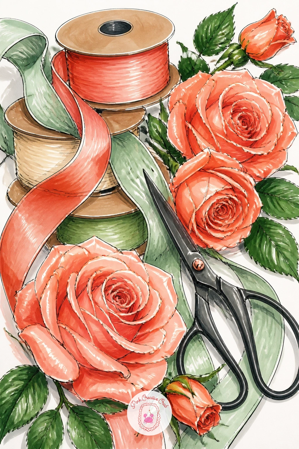 Counter With Ribbon Spools, Scissors and Roses — Zoom right into the workbench for this still life: a counter scattered with ribbon spools, a pair of scissors