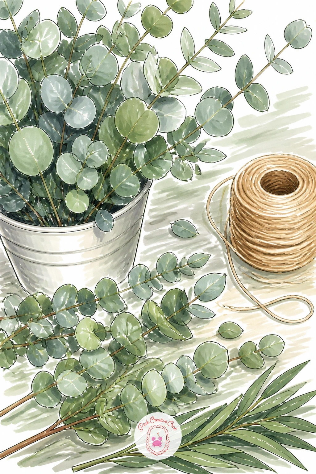 Florist's Workbench With Eucalyptus and Twine — Stay at the workbench but change the mood: this time it is all greenery, eucalyptus stems and twine laid out