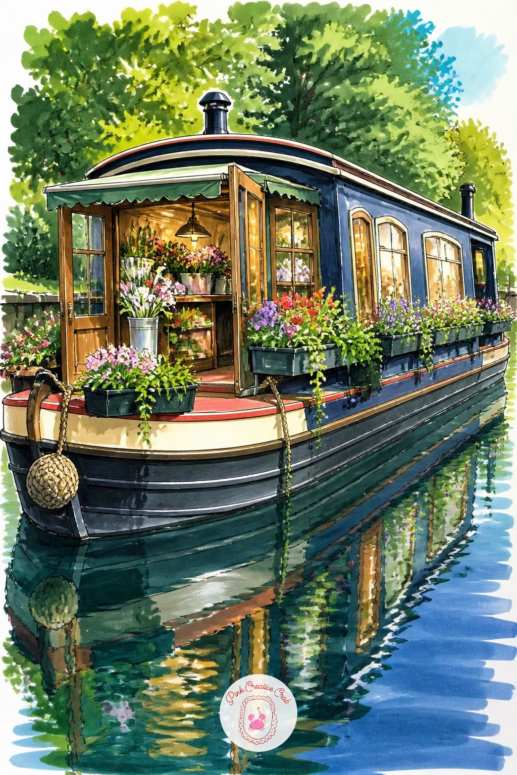 Tiny Flower Shop on a Canal Boat — Float the whole shop onto water for this one: a tiny flower shop built into a canal boat, flowers spilling over the deck