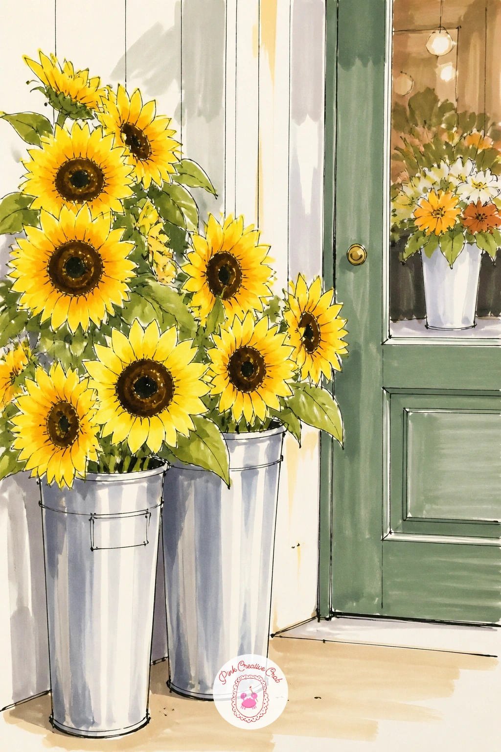 Buckets of Sunflowers Beside a Shop Door — Give sunflowers their own moment: a cluster of tall buckets packed with sunflowers standing right beside a shop