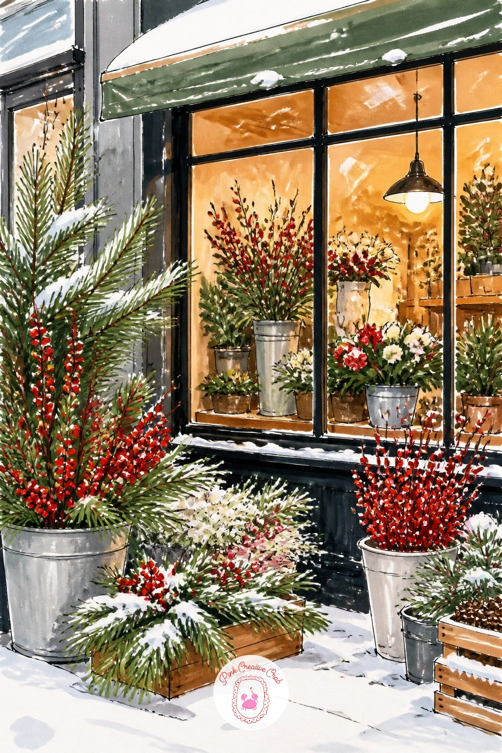 Flower Shop in the Snow With Winter Berries and Pine — Change the season now: a flower shop dusted in snow, its display switched over to winter berries and