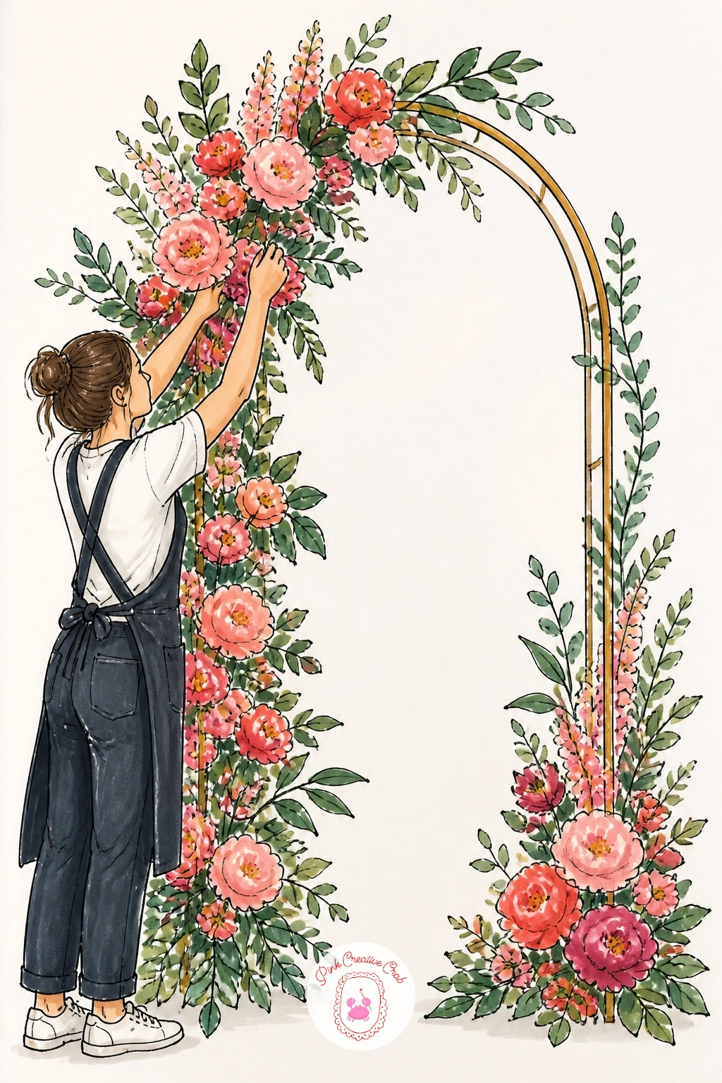 Florist Building a Wedding Arch — Step up to a bigger project now: a florist mid-task, attaching flowers to a tall wedding arch frame. Flower shop drawing