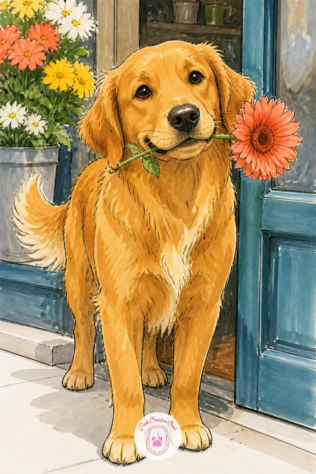 Dog by the Shop Door With a Flower in Its Mouth — Bring a dog into the scene now, standing proudly by the shop door with a single flower held gently in its