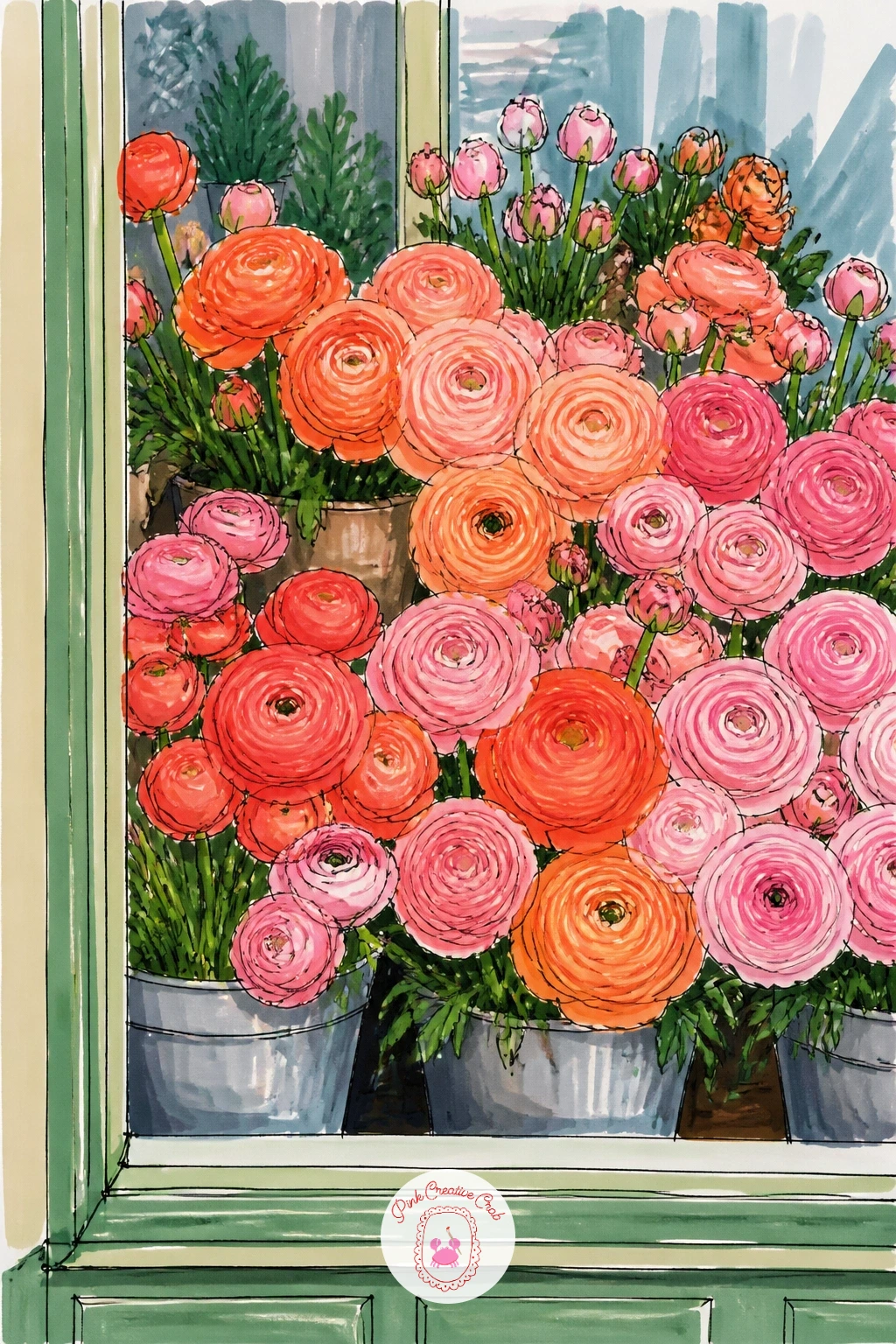 Flower Shop Window Full of Ranunculus — Give one flower the whole window this time: a shop display packed entirely with ranunculus, layer upon layer of tightly