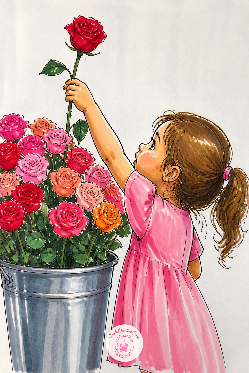 Little Girl Choosing a Single Rose — Narrow the scene down to one small, tender moment: a little girl reaching up to choose a single rose from a bucket of