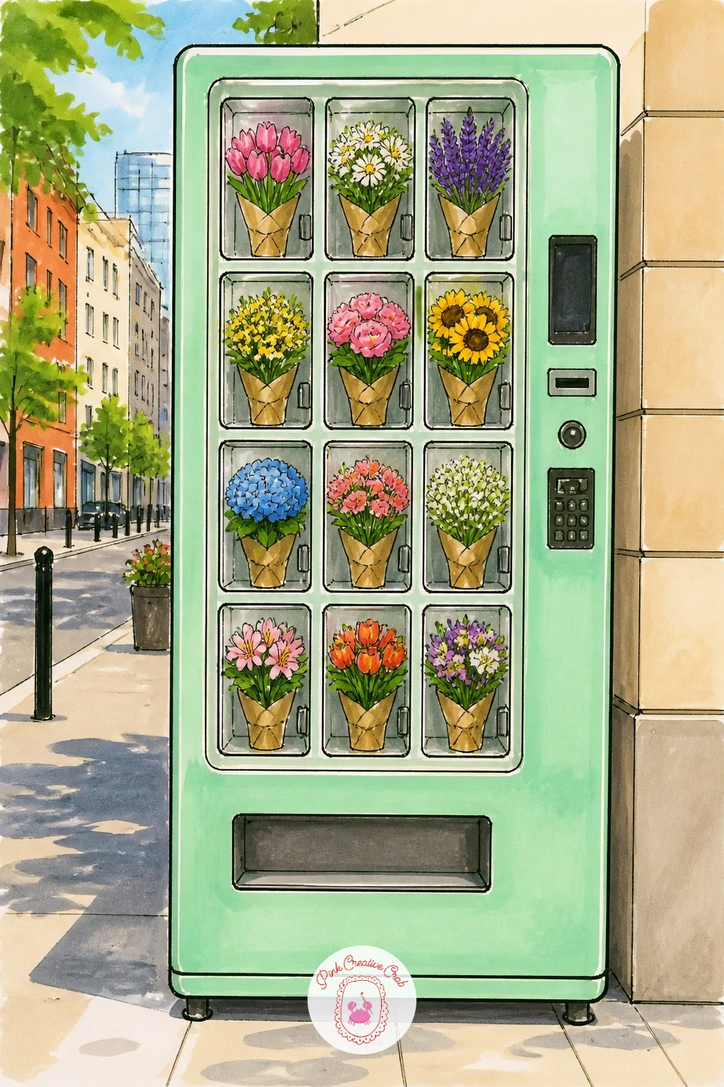 Flower Vending Machine on a City Street — Switch things up with a modern twist: a flower vending machine standing on a city sidewalk, its glass front stacked