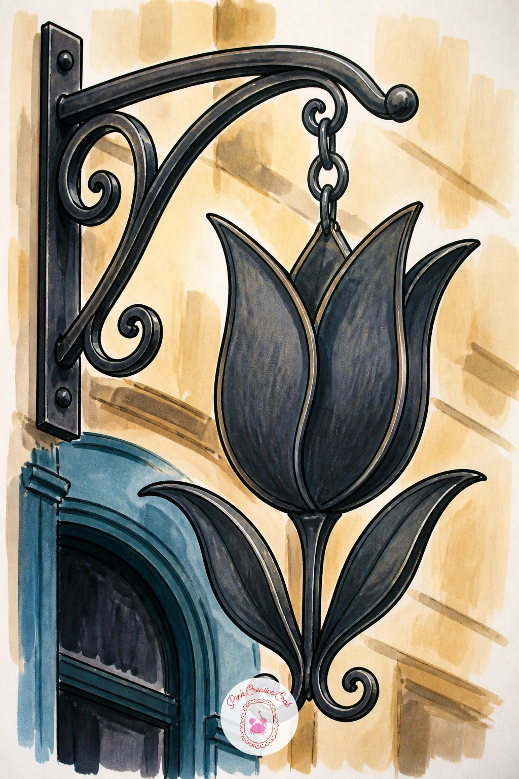 Iron Shop Sign Shaped Like a Tulip — Draw a detail rather than a whole scene this time: an ornate iron shop sign shaped like a tulip, hanging from a bracket