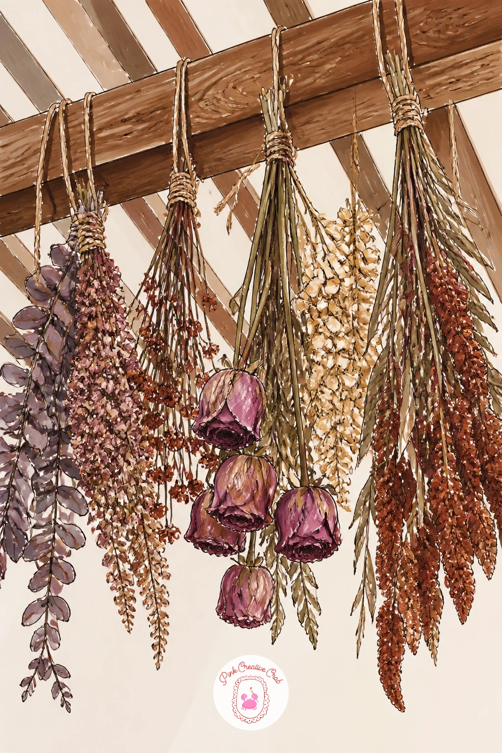 Dried Flowers Hanging From the Ceiling Beams — Look upward again, this time inside the shop: bundles of dried flowers hanging upside down from wooden ceiling
