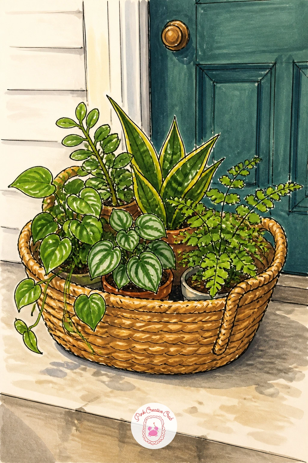 Delivery Basket of Potted Plants on a Doorstep — Bring the flowers outside the shop again with a delivery basket, full of small potted plants, left waiting on