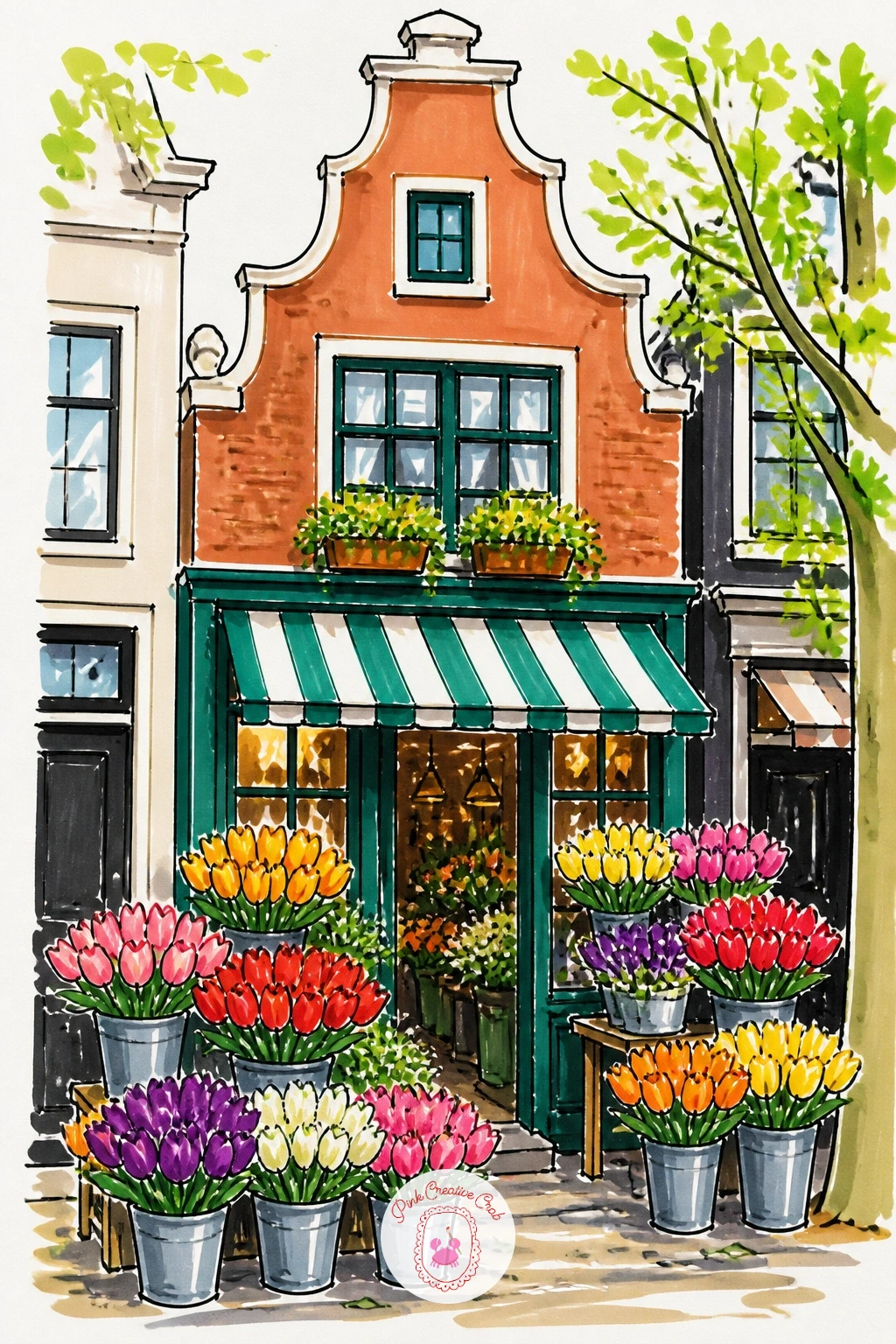 Amsterdam Flower Shop With Buckets of Tulips — Head to Amsterdam for this one: a narrow canal-side flower shop with buckets of tulips lined up in every color