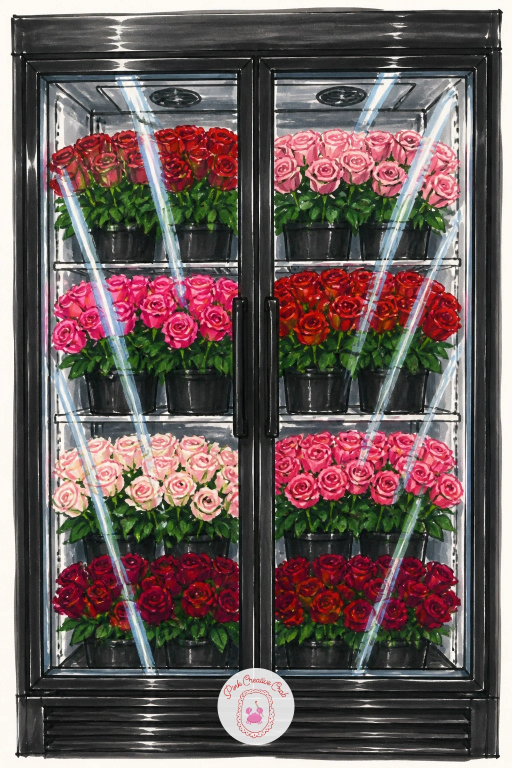 Florist Cooler With Glass Doors Full of Roses — Draw the inside of a shop appliance for once: a tall glass-doored florist cooler, packed with rows of roses