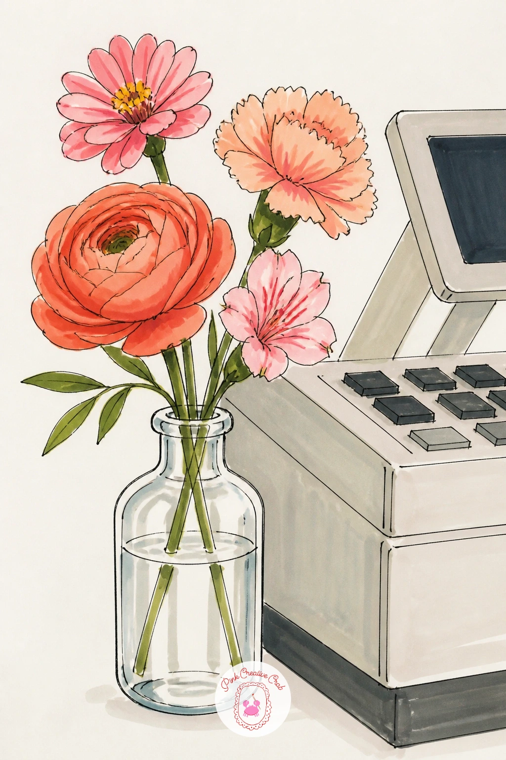 Mini Bouquet in a Glass Bottle by the Till — Return to something small and calm after the cooler: a miniature bouquet, just a few stems, standing in a glass