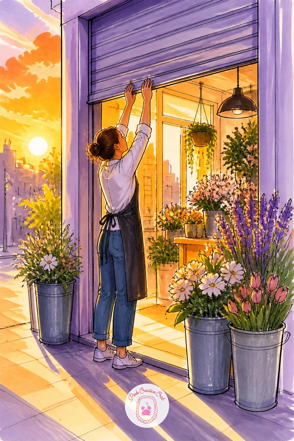 Florist Opening the Shutters at Sunrise — Catch the shop at its very first moment of the day: a florist reaching up to open the metal shutters as early sunrise