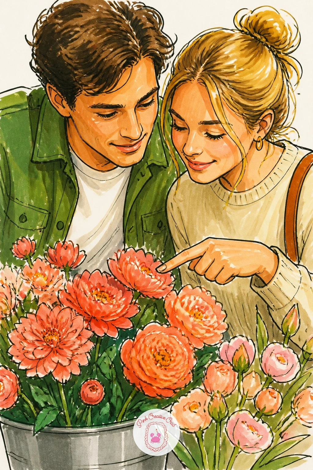 Couple Choosing Flowers Together — Bring two figures into the shop for this one: a couple standing close together, considering a bucket of blooms between them