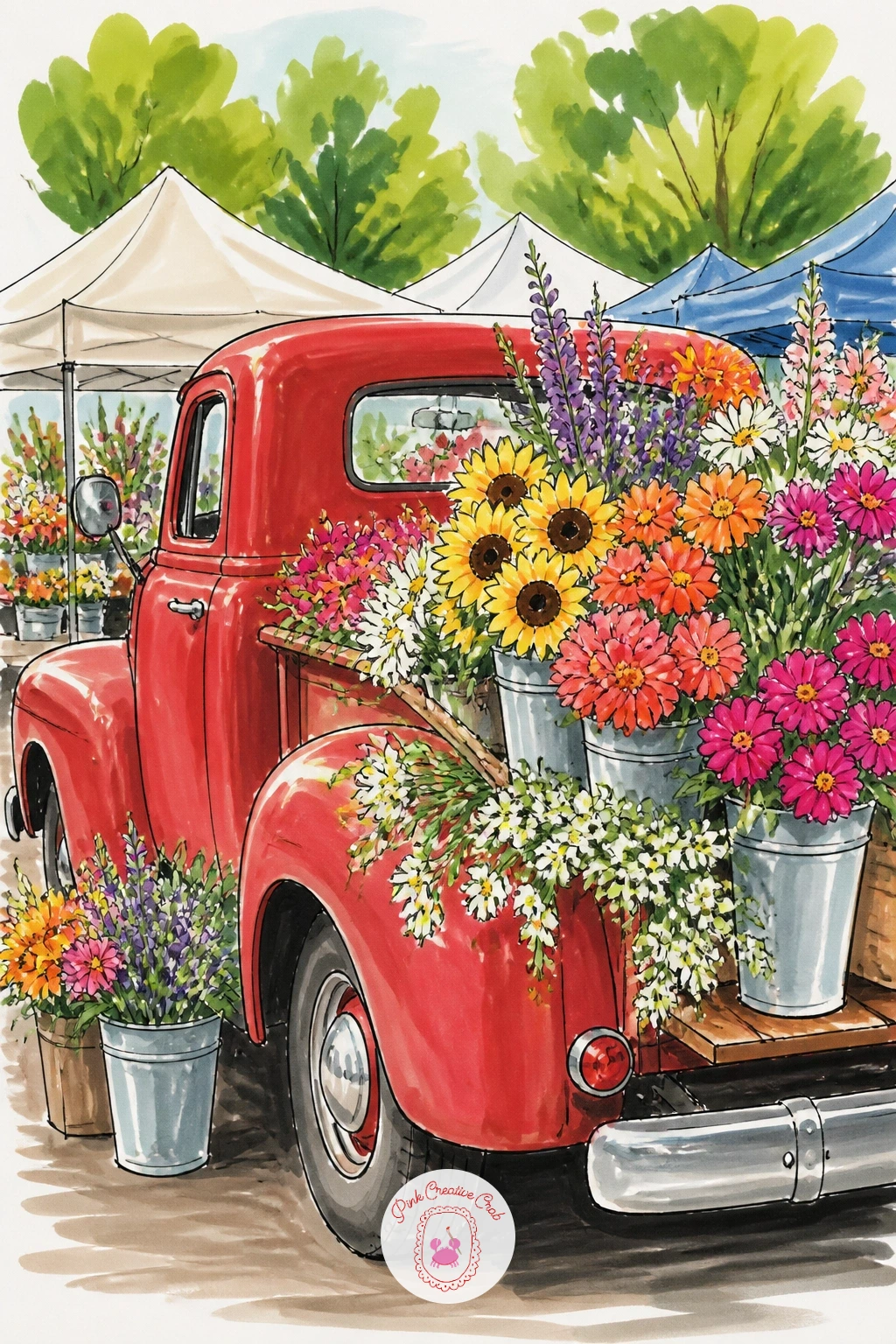 Flower Truck at a Farmers Market — Finish the list with the busiest scene of the set: an old truck, bed packed with buckets of flowers, parked at a farmers