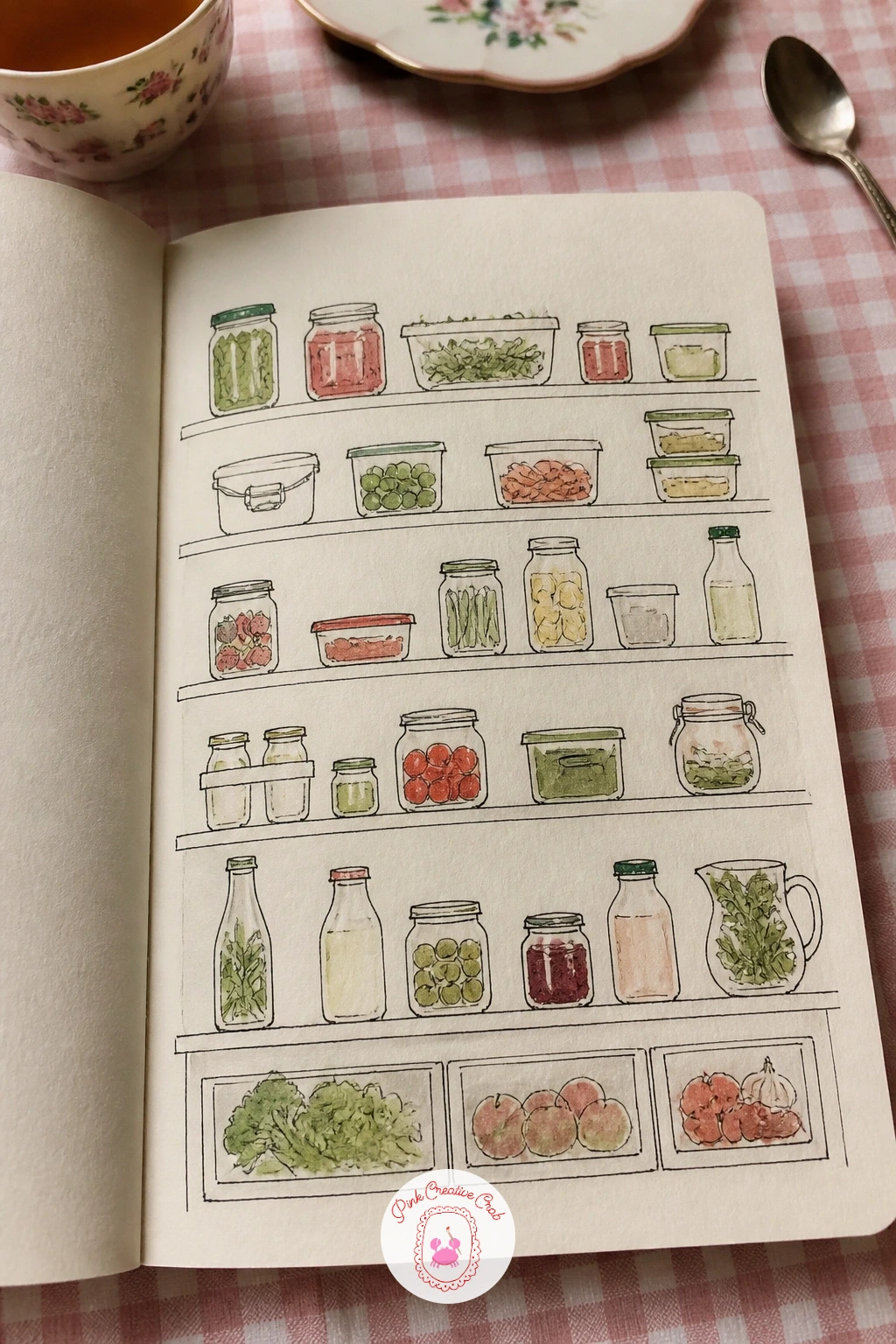 Fridge Shelf by Shelf — Open the fridge and draw it exactly as it sits, shelf by shelf, top to bottom, the way you'd read a page of text. Sketchbook fillers