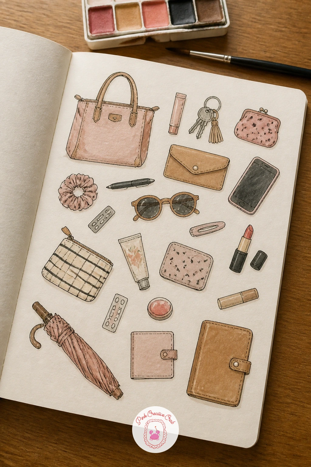 Handbag Contents — Tip your handbag out on the table and you have a whole page waiting. Sketchbook fillers