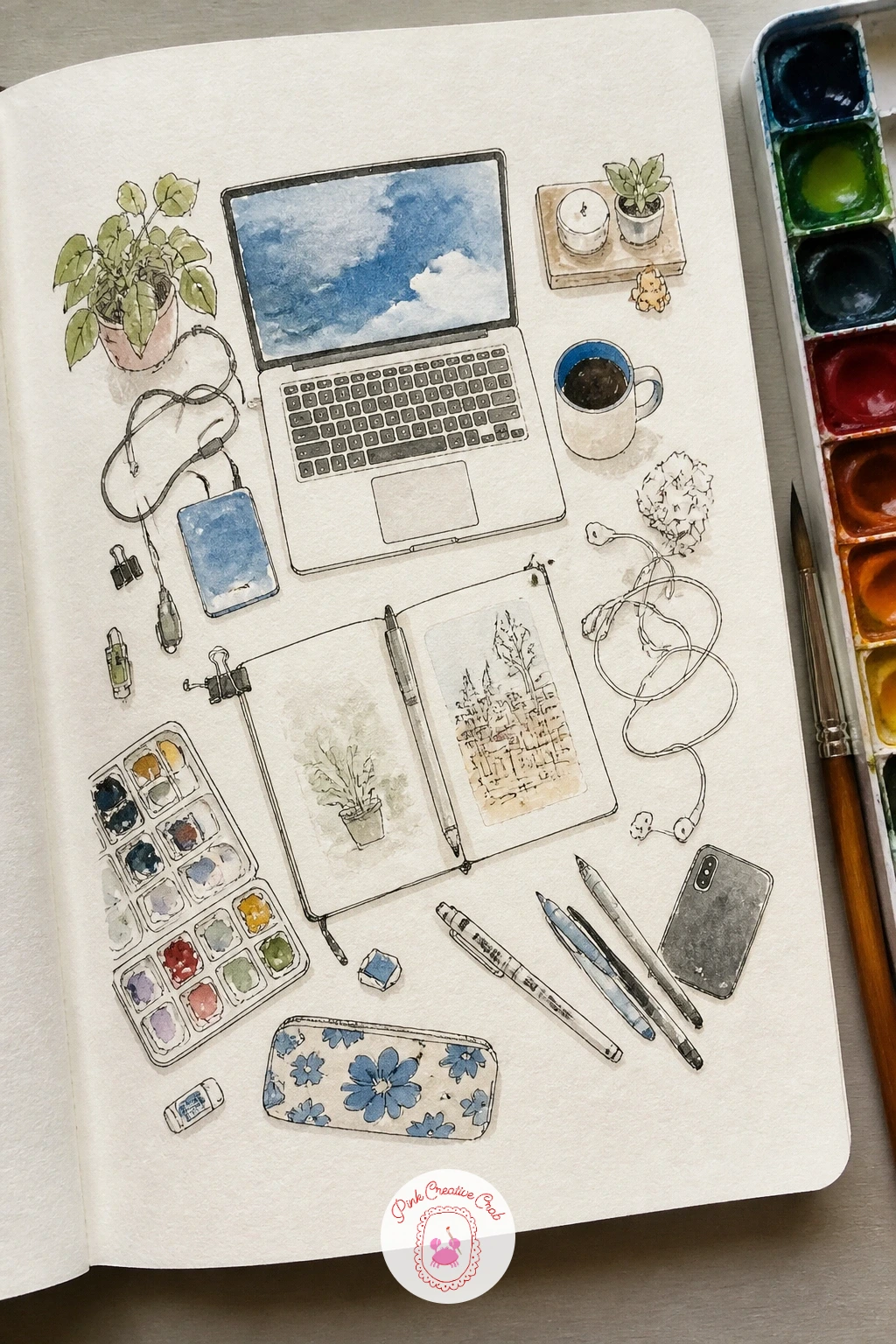 Desk From Above — Climb onto a chair, or just hold the sketchbook up and look down, and draw your desk as a flat bird's eye arrangement of shapes rather than