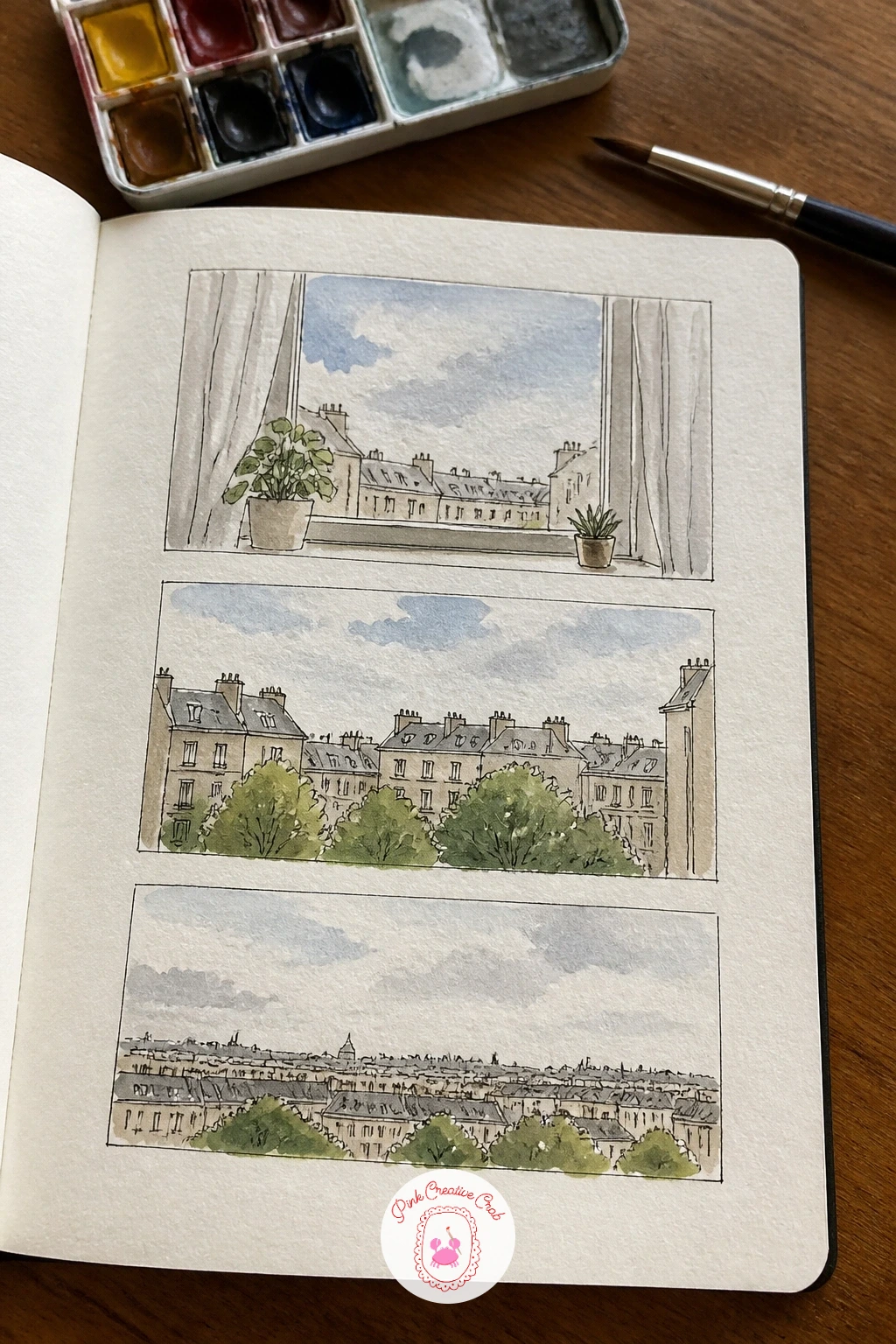 View From Your Window, Three Frames — Pick your window view and split the page into three small rectangles side by side, like a strip of postcards, rather than