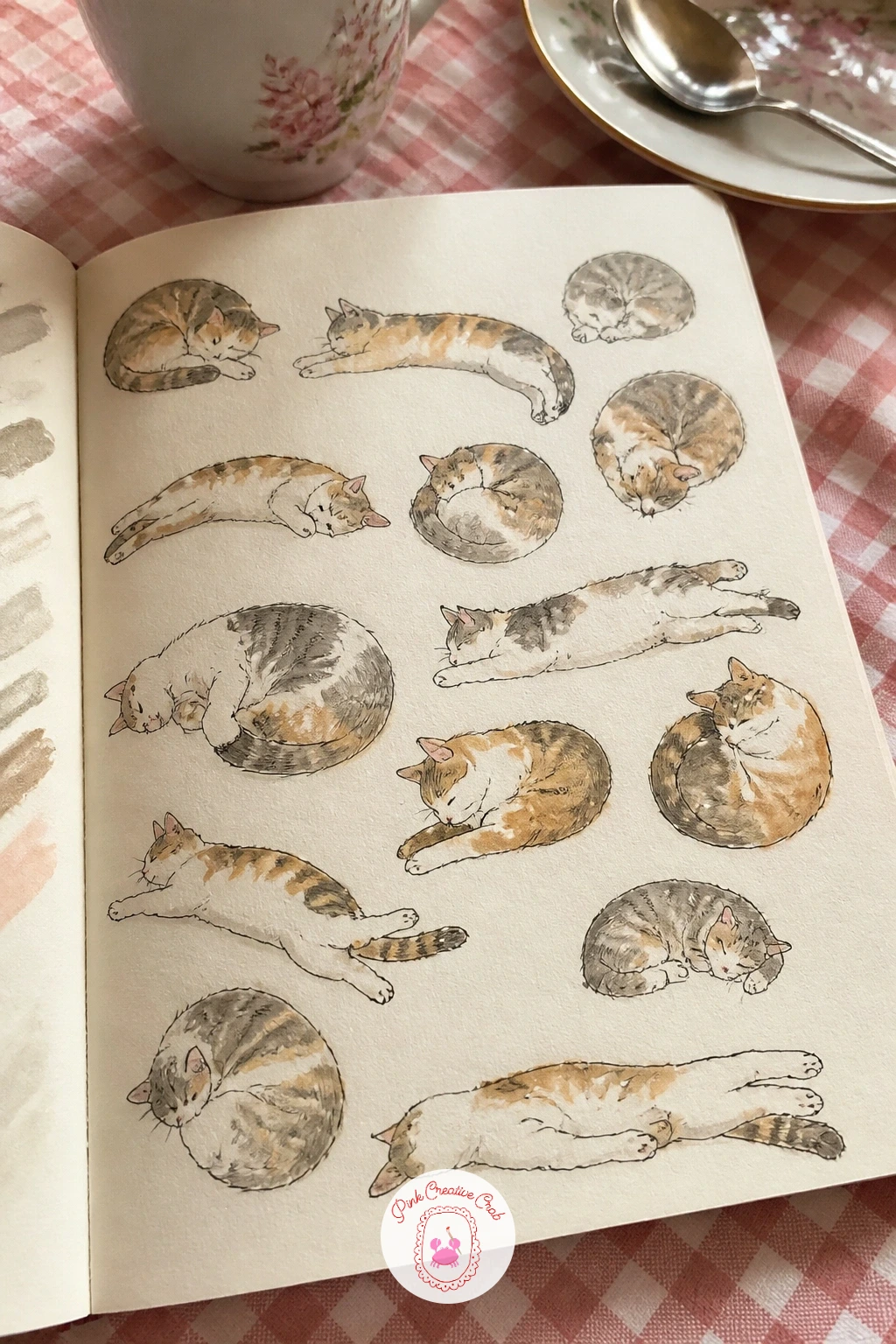 Cat's Sleeping Positions — A sleeping cat barely moves, which makes it the easiest animal on the page to study closely. Sketchbook fillers