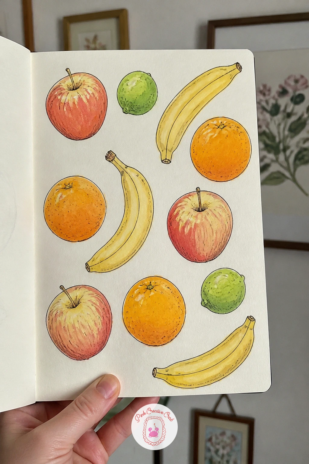 Fruit Bowl — Empty the fruit bowl onto the table and draw each piece close to its true size next to the others, an apple noticeably bigger than a lime, a