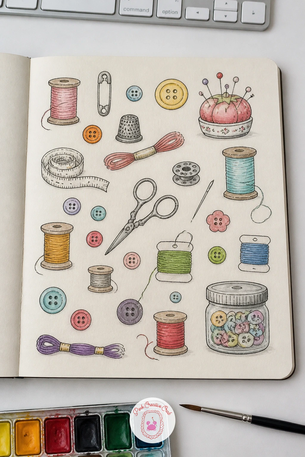 Sewing Kit Treasures — Tip out a sewing tin and you get a page of small, satisfying, oddly shaped objects: a tangle of thread spools, scattered buttons, a pin