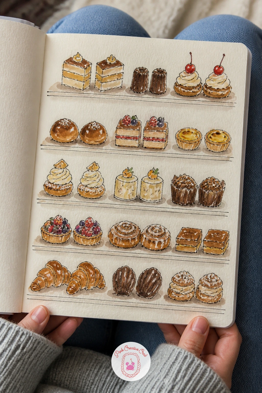Pastries in a Cafe Case — A bakery case is basically a grid already, so let the glass shelves in real life become your page layout: a loose horizontal line for
