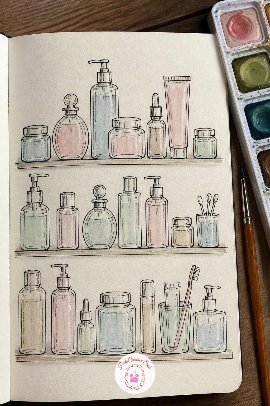 Bathroom Shelf of Bottles and Jars — Bottles and jars on a bathroom shelf are a lesson in simple cylinders and tapered shapes, so line a few up and draw the