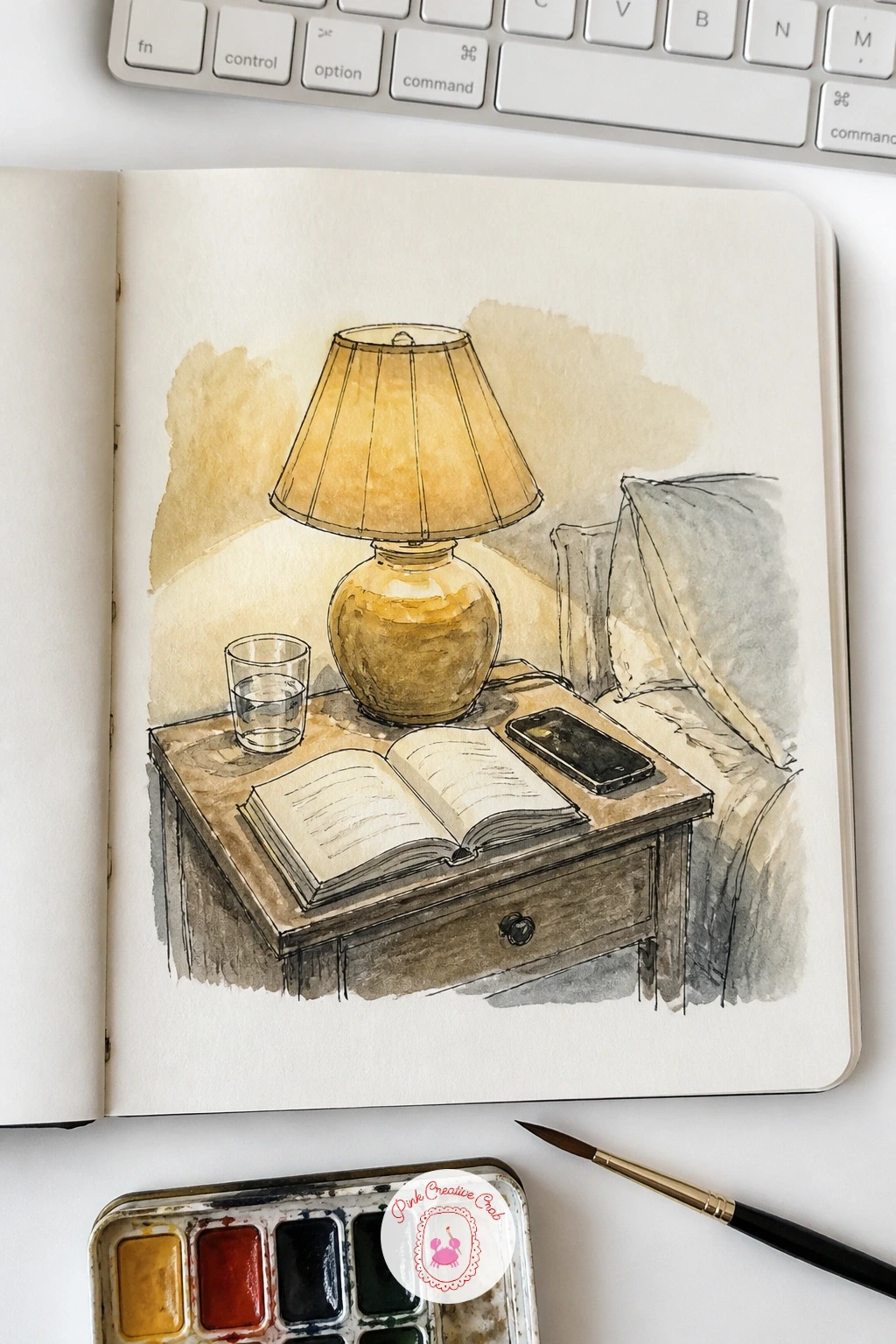 Bedside Table at Day's End — A bedside table at the end of the day is a small, honest still life: a lamp, a glass of water, a book left open, a phone face