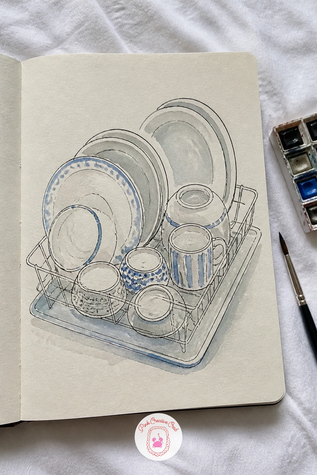 Dishes in the Drying Rack — A drying rack gives you plates leaning at an angle, which is good perspective practice: a plate standing upright in a rack shows as