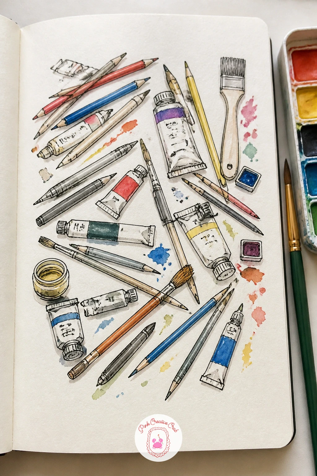 Art Supplies Spilled Across the Table — Nothing is more convenient to draw than the mess already on your table while you work, so pause and sketch the pencils