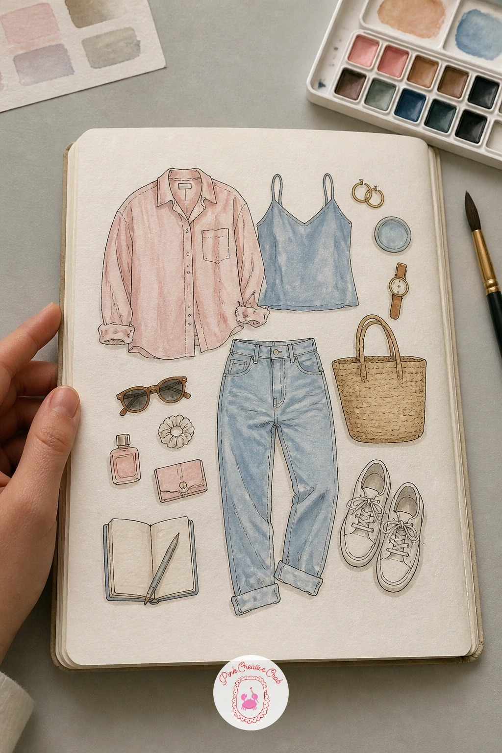 Today's Outfit Laid Out — Lay today's outfit flat on the bed, piece by piece, the way you would before getting dressed, and draw it from directly above rather