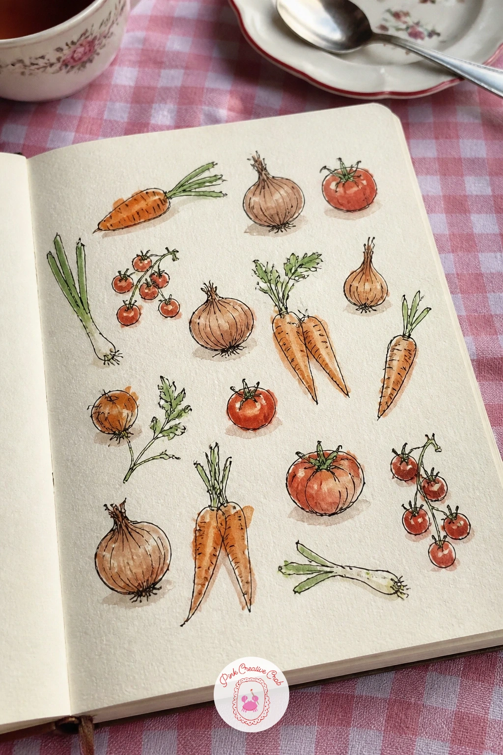 Vegetables From the Market Bag — Unpack the market bag onto the table and draw the vegetables in the order you lift them out, which naturally gives the page a