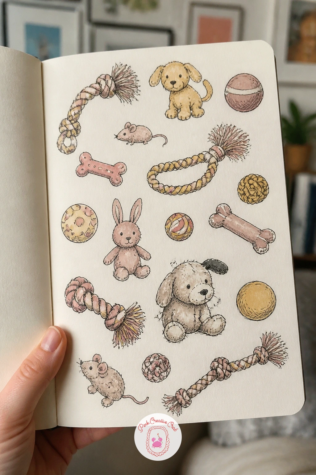 Pet's Toys — A pet's toy basket is full of oddly satisfying shapes to draw: a chewed rope, a squeaky ball, a stuffed animal flattened from love. Sketchbook