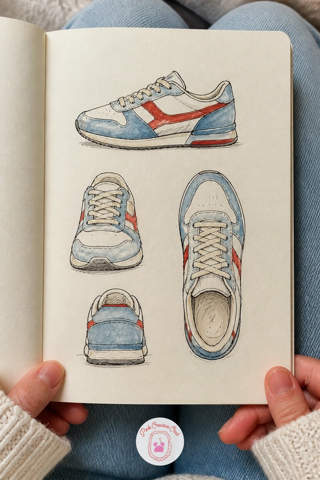 Sneakers From Five Angles — Set one sneaker on the table and walk around it, drawing it from five different angles: straight on, from the side, from above