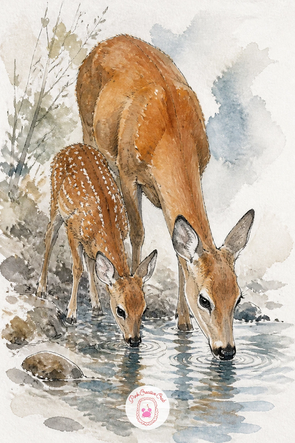 Doe and Fawn Drinking From a Stream — Move on to a pair now that the single curled fawn feels comfortable. Deer painting