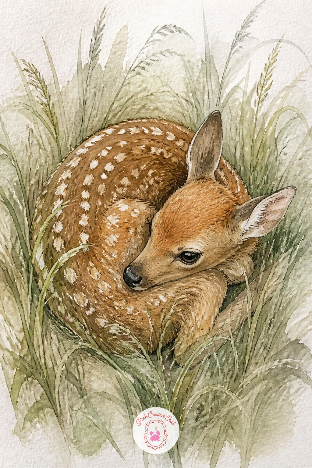 Spotted Fawn Curled in Tall Grass — Start with the easiest pose in the whole list: a spotted fawn folded down into a tight comma shape, legs tucked under, head