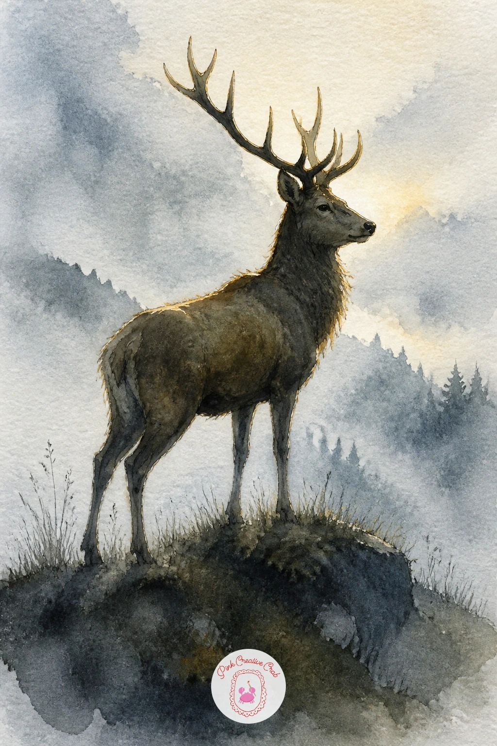 Stag Standing on a Misty Hill — Think about light direction before you pick up a brush, because this scene depends on it: place a pale, low sun behind the stag