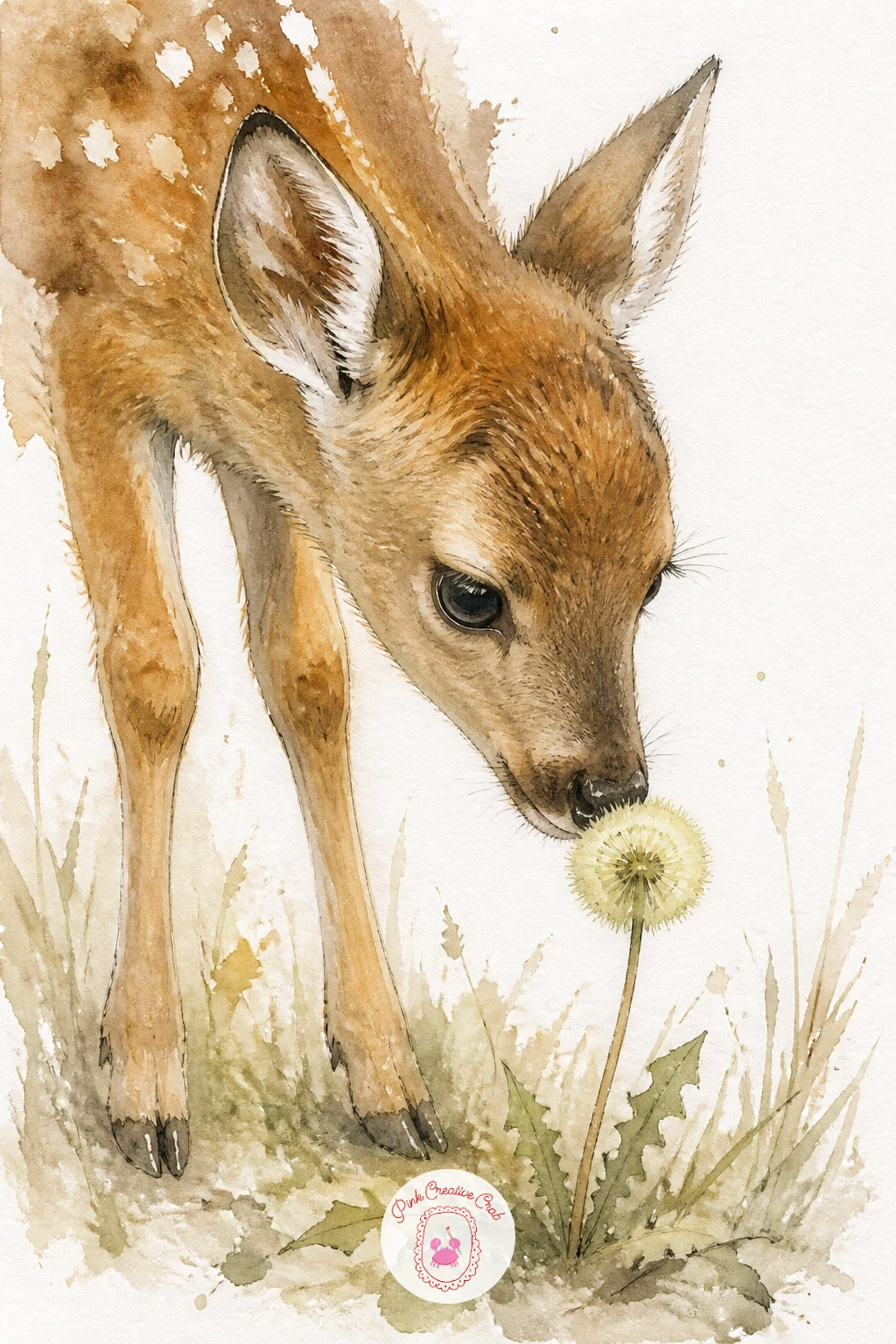 Fawn Sniffing a Dandelion — Give the mood a lighter, more playful turn here. Deer painting