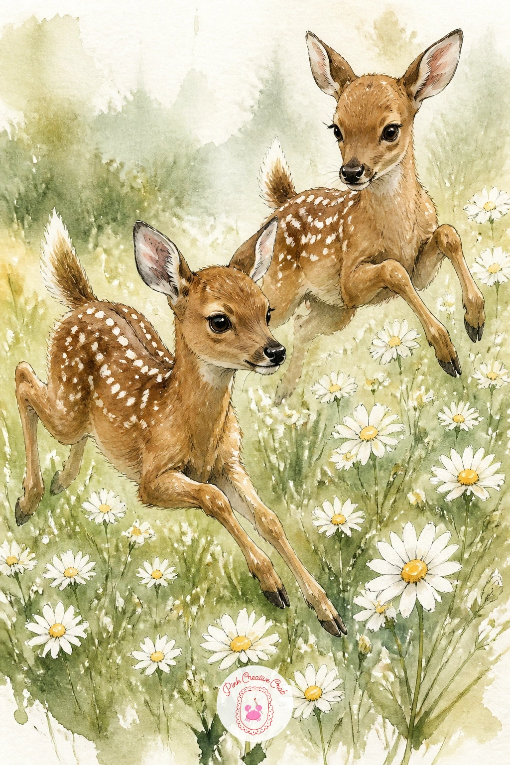 Two Fawns Playing in a Daisy Meadow — Bring in some motion now with two fawns caught mid leap in a field of daisies. Deer painting