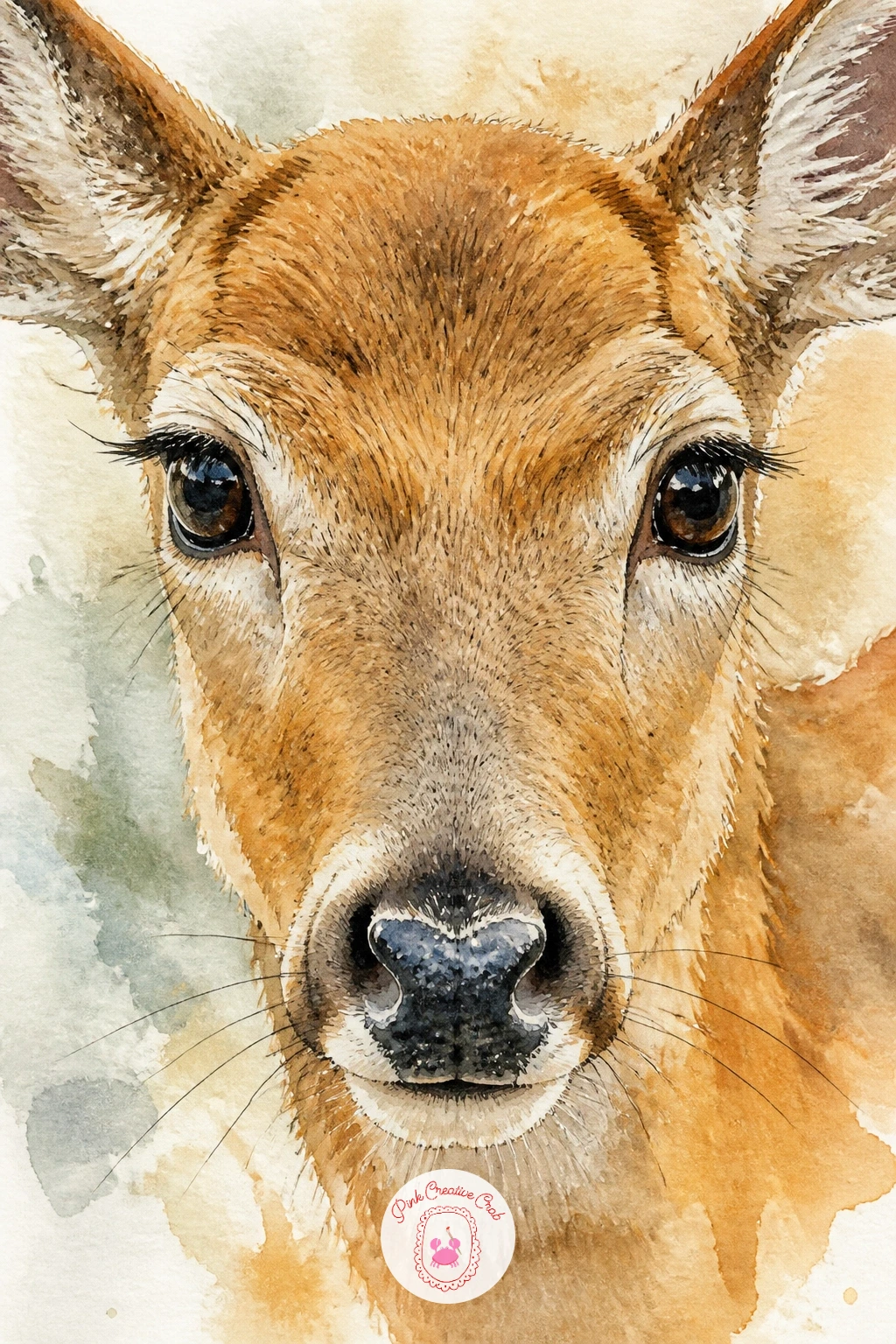 Close-Up Deer Face With Dark Eyes — Fill the whole page with just the head and shoulders this time, since a close portrait forgives none of the small