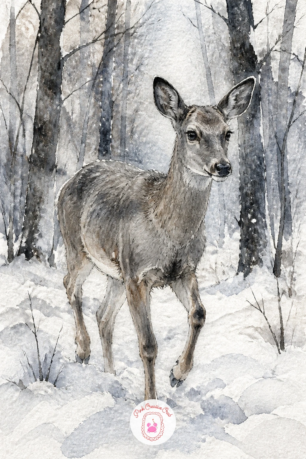 Deer Walking Through a Snowy Forest — Shift the season now into winter. Deer painting