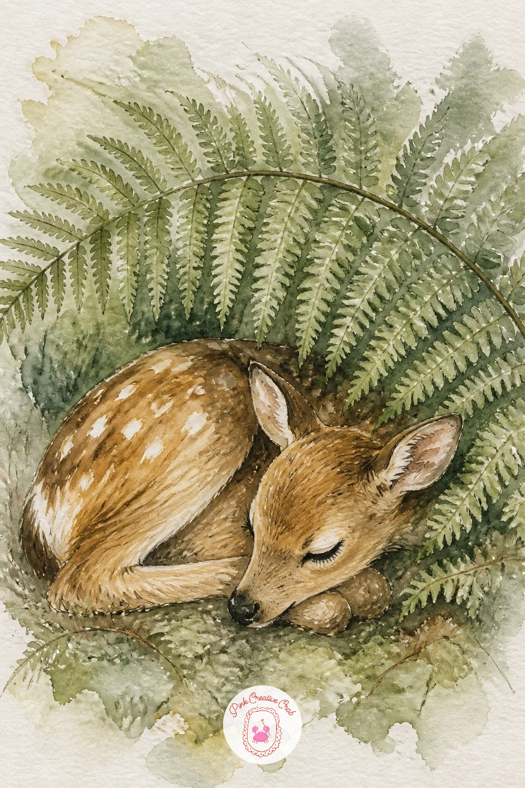 Fawn Sleeping Under a Fern — Return to a calm, still moment for this one. Deer painting