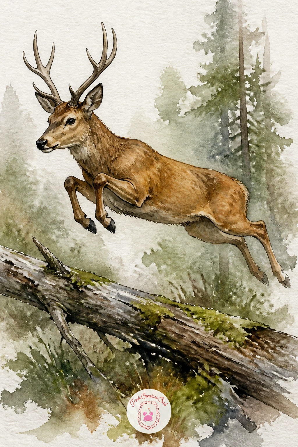 Deer Leaping Over a Fallen Log — Capture a mid-air moment here, which asks for a bit more planning than a standing pose. Deer painting