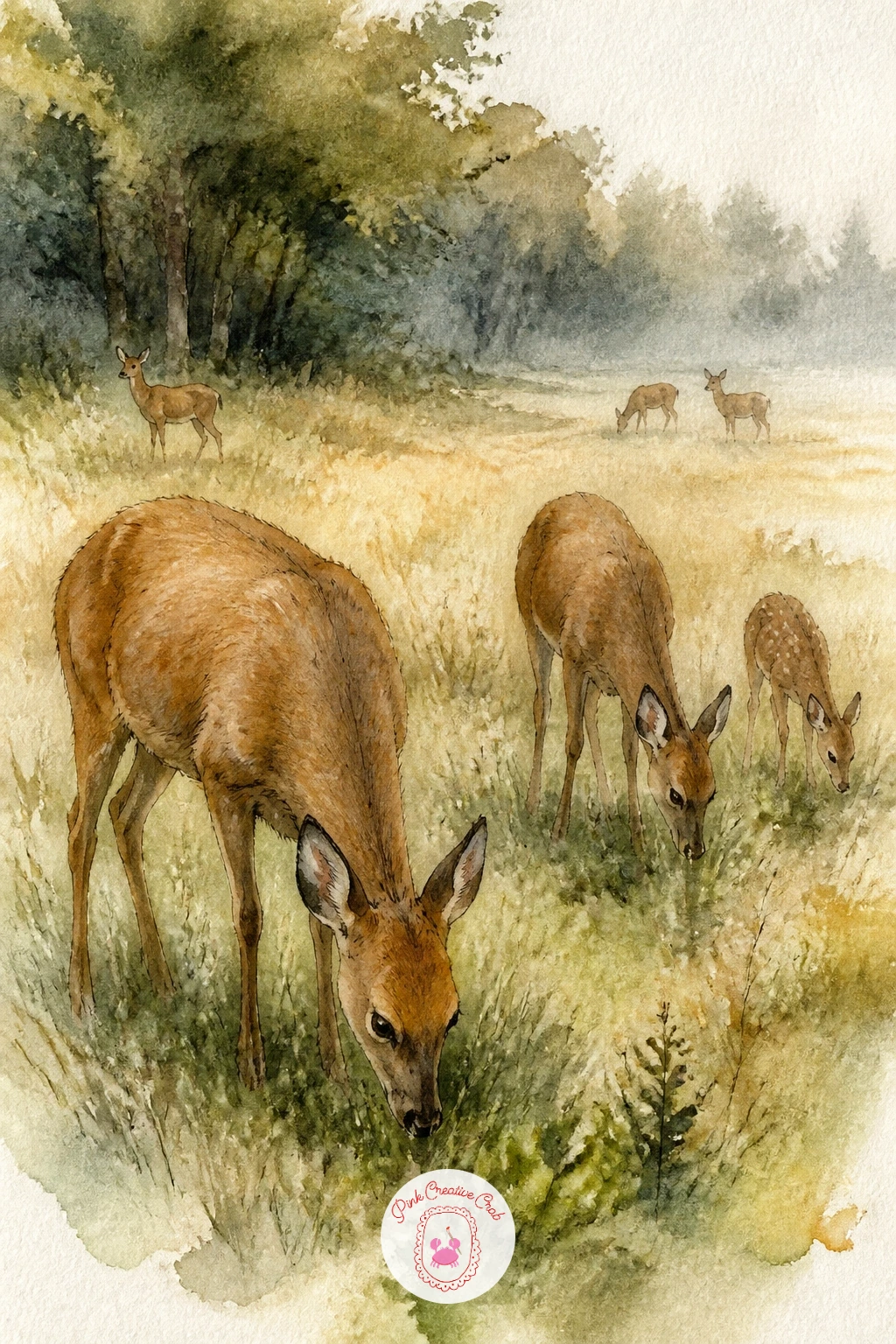 Herd Grazing at the Edge of a Field — Take on a group scene now that single figures feel manageable. Deer painting